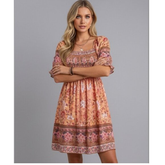 Boho Floral Print Ruffle Sleeve Dress - Picture 2 of 9